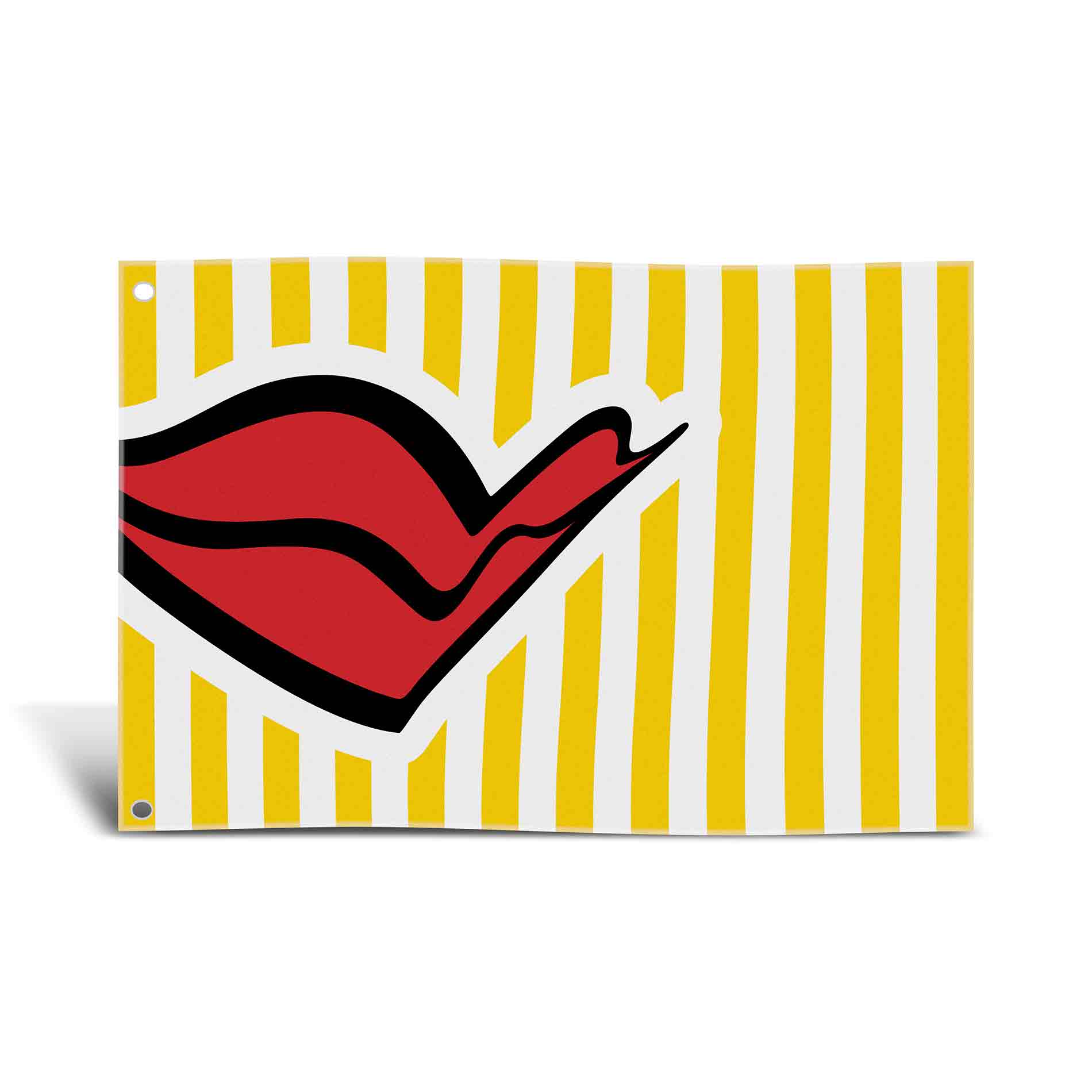 AIDA Fahne mit Kussmund und gelben Streifen, rechteckig in Weiß mit farbigen Akzenten, zwei Metallösen zum Aufhängen.