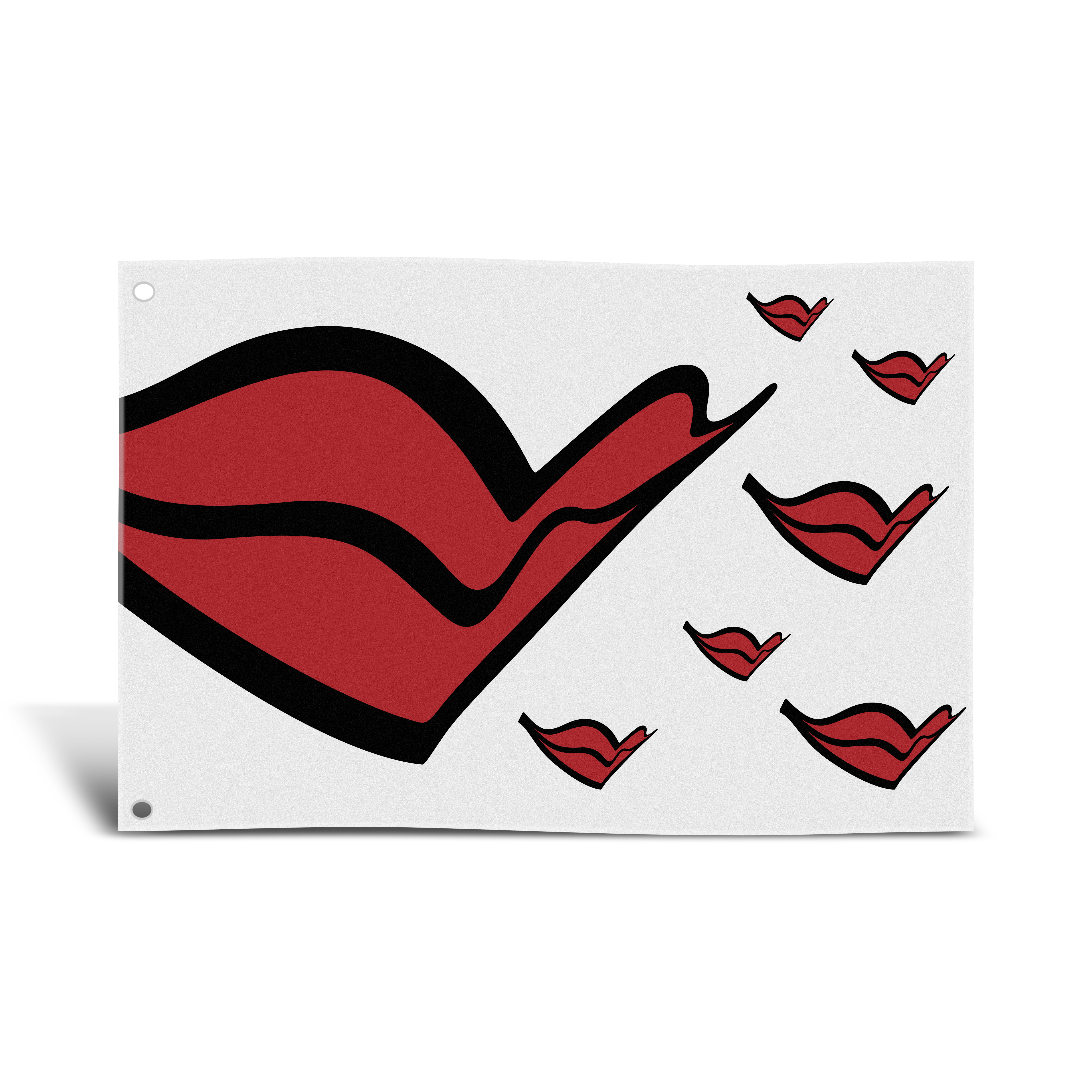 AIDA Fahne mit bunten Kussmündern, rechteckig in Weiß mit farbigen Akzenten, zwei Metallösen zum Aufhängen.