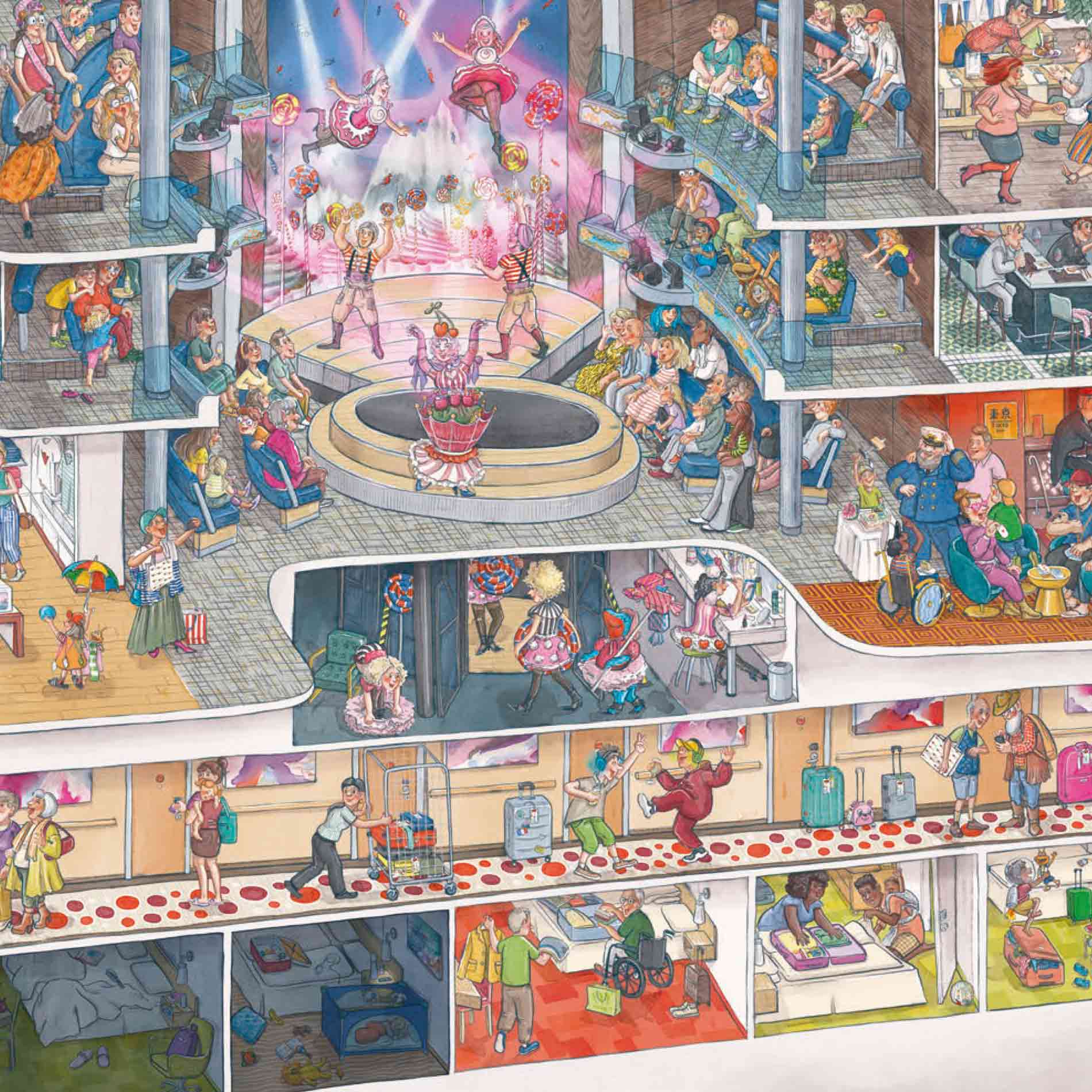 Das AIDA Wimmelbuch, illustriert von Lili Richter, ist ein Pappbilderbuch im Hochformat (25 × 35 cm) mit 16 Seiten 8 doppelseitige Wimmelbildern