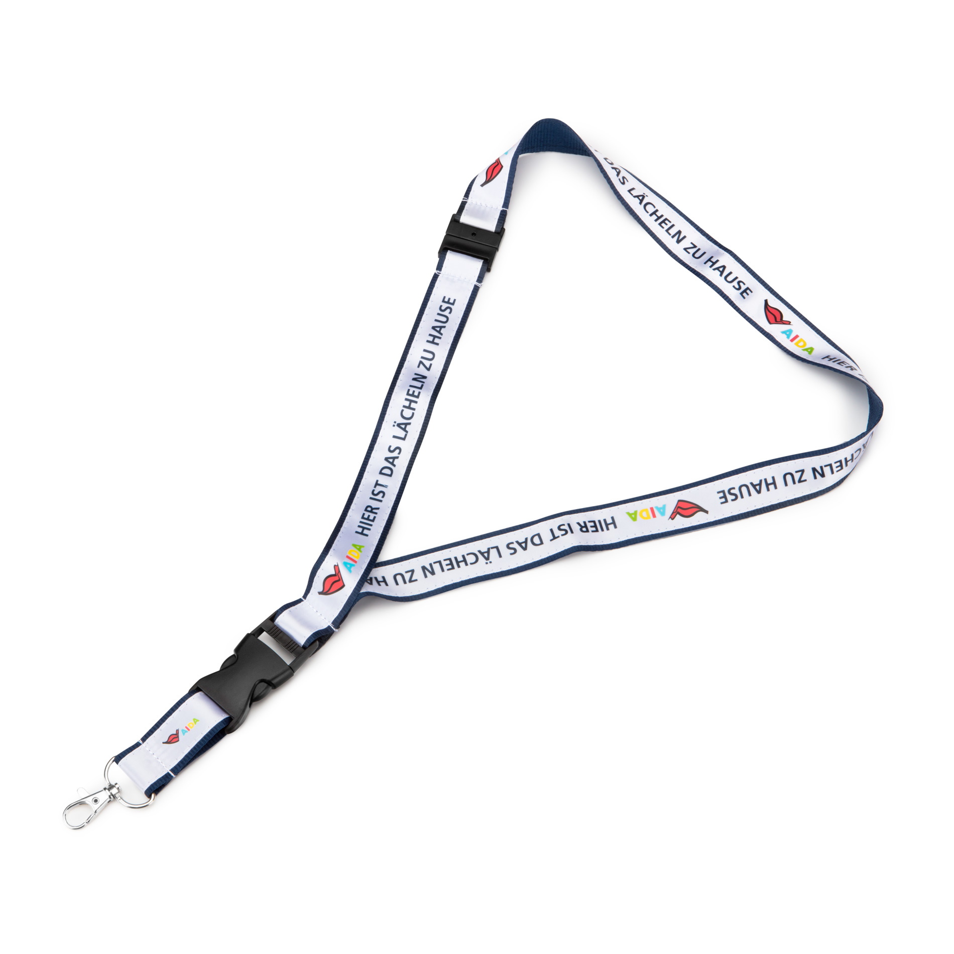 Lanyard "Lächeln. Hier ist es..." Navy-Weiß