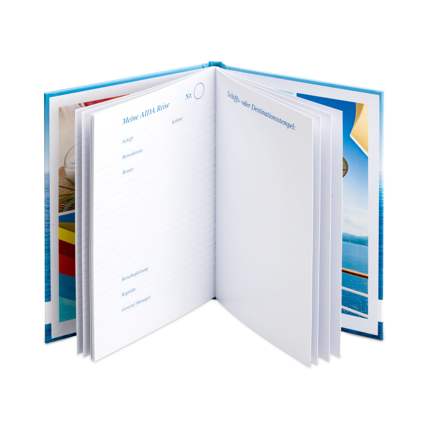 AIDA Logbuch mit blauem Titelcover und Schriftzug ‘Logbuch’ auf weißem Hintergrund